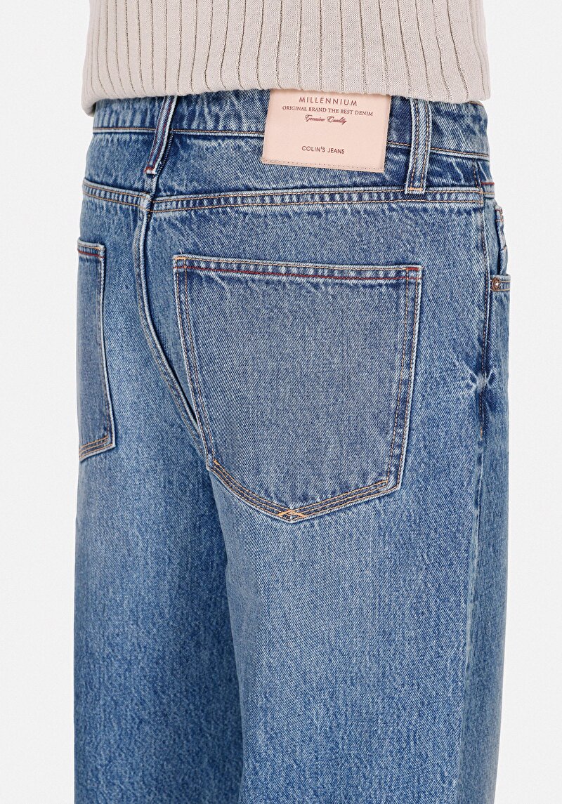 Baggy Fit Orta Bel Bol Paça Erkek İndigo Jean Pantolon