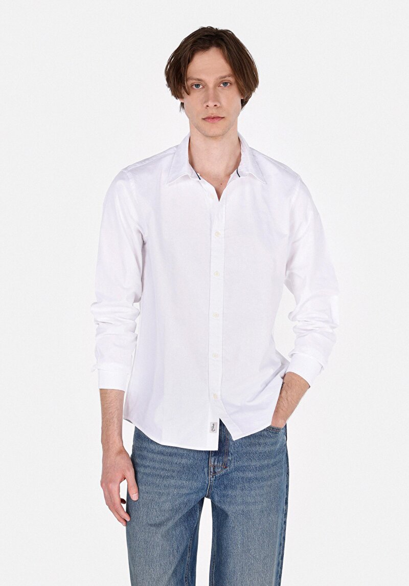 Regular Fit Pamuklu Shirt Neck Düz Erkek Beyaz Uzun Kol Gömlek