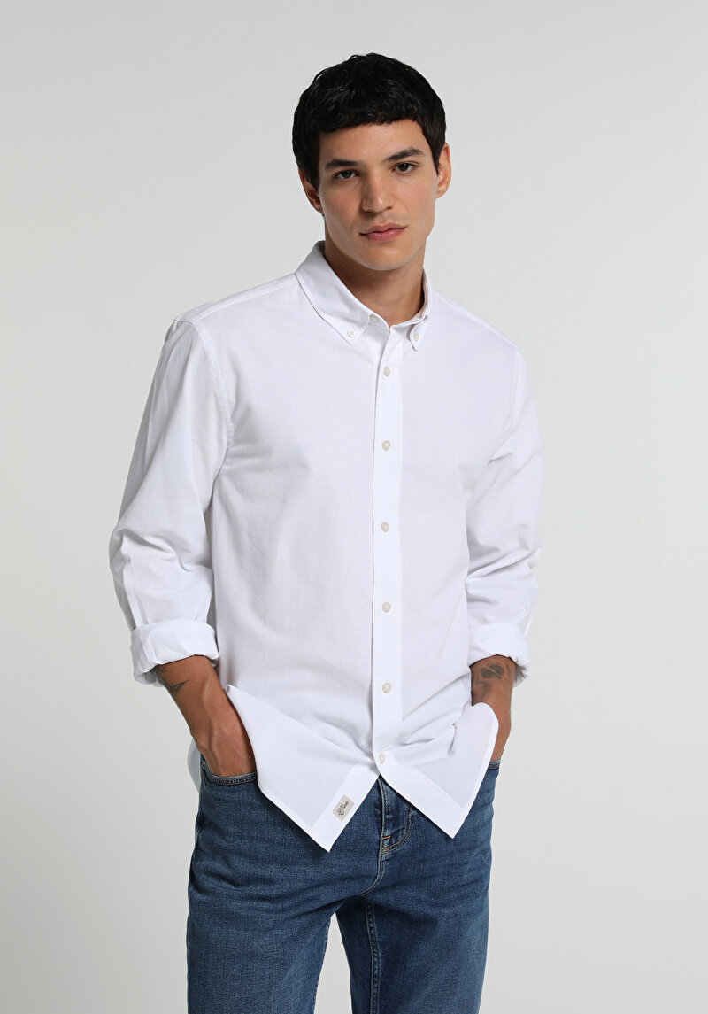 Regular Fit Pamuklu Shirt Neck Düz Erkek Beyaz Uzun Kol Gömlek