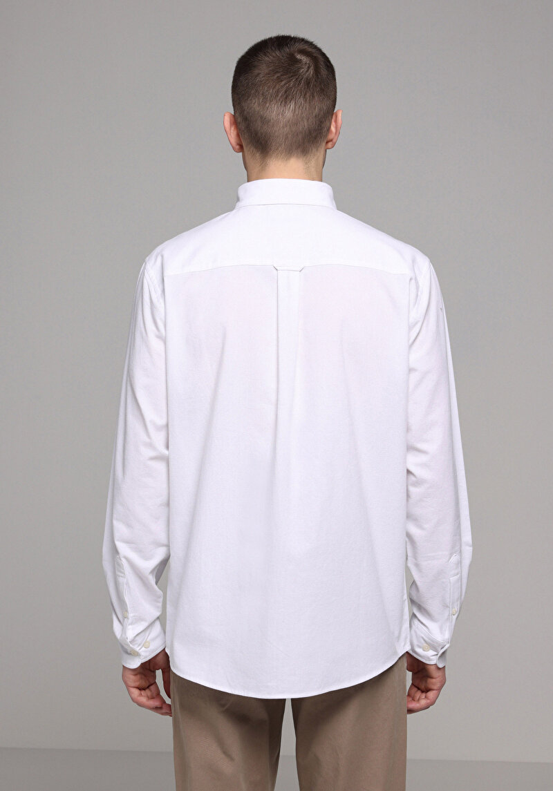 Regular Fit Pamuklu Shirt Neck Düz Erkek Beyaz Uzun Kol Gömlek