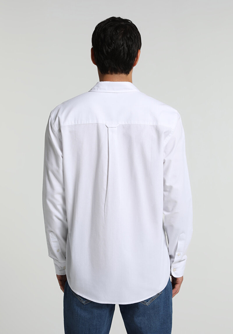 Regular Fit Pamuklu Shirt Neck Düz Erkek Beyaz Uzun Kol Gömlek