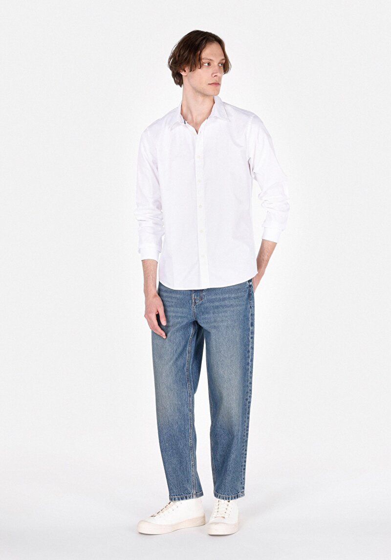 Regular Fit Pamuklu Shirt Neck Düz Erkek Beyaz Uzun Kol Gömlek