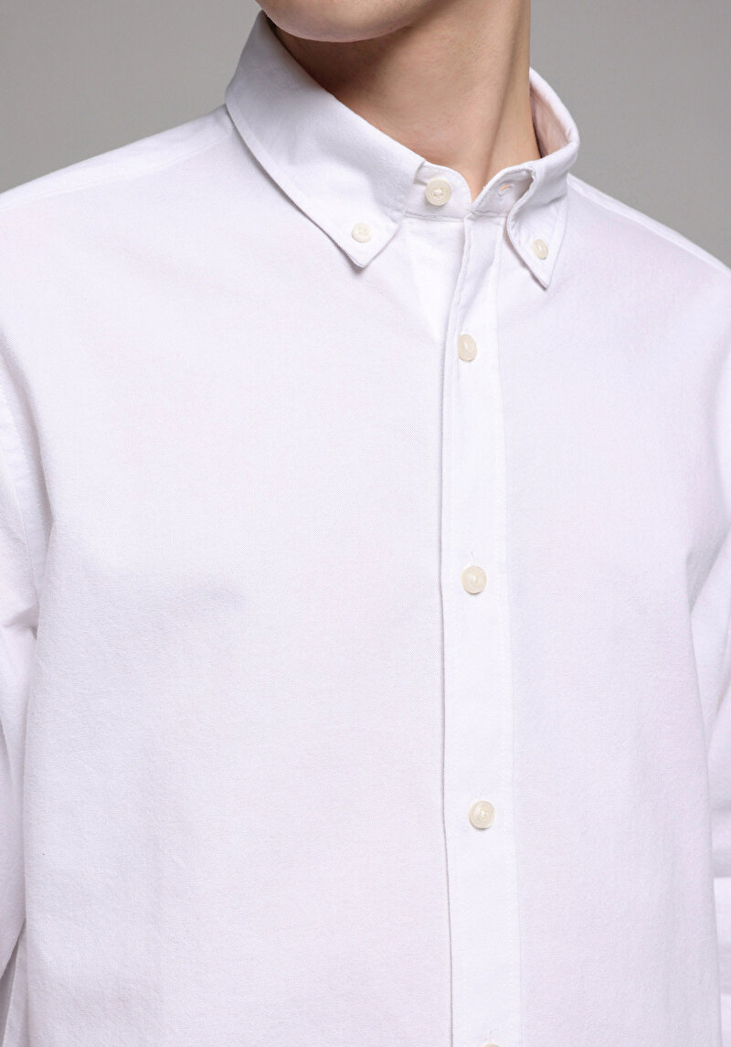 Regular Fit Pamuklu Shirt Neck Düz Erkek Beyaz Uzun Kol Gömlek