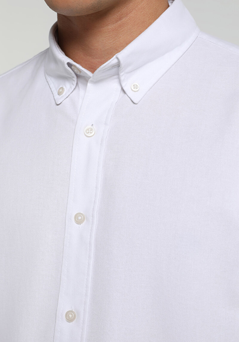 Regular Fit Pamuklu Shirt Neck Düz Erkek Beyaz Uzun Kol Gömlek