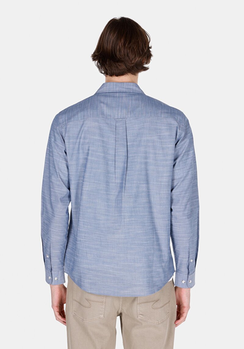 Regular Fit Shirt Neck Düz Erkek Mavi Uzun Kol Gömlek
