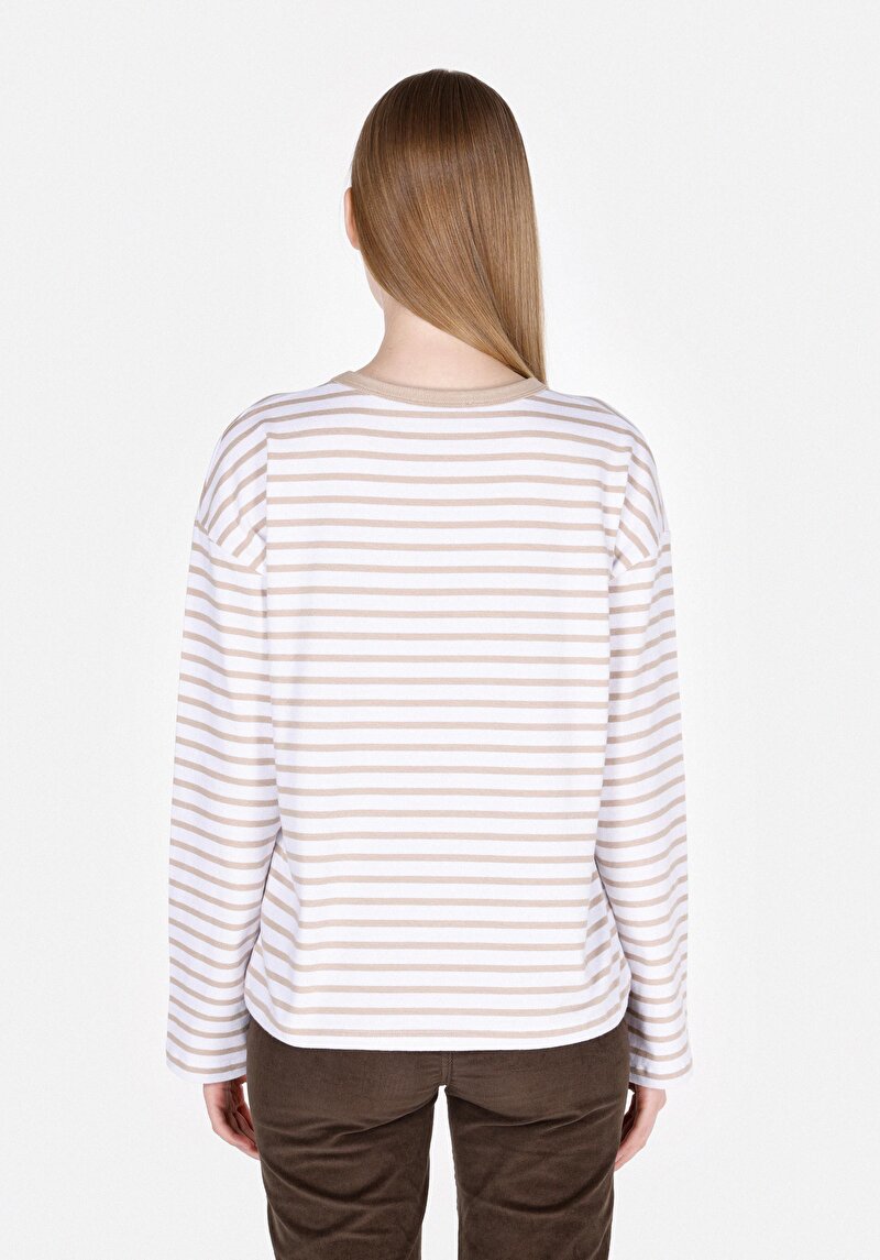 Regular Fit Yuvarlak Yaka Çizgili Kadın Bej Uzun Kol Tişört