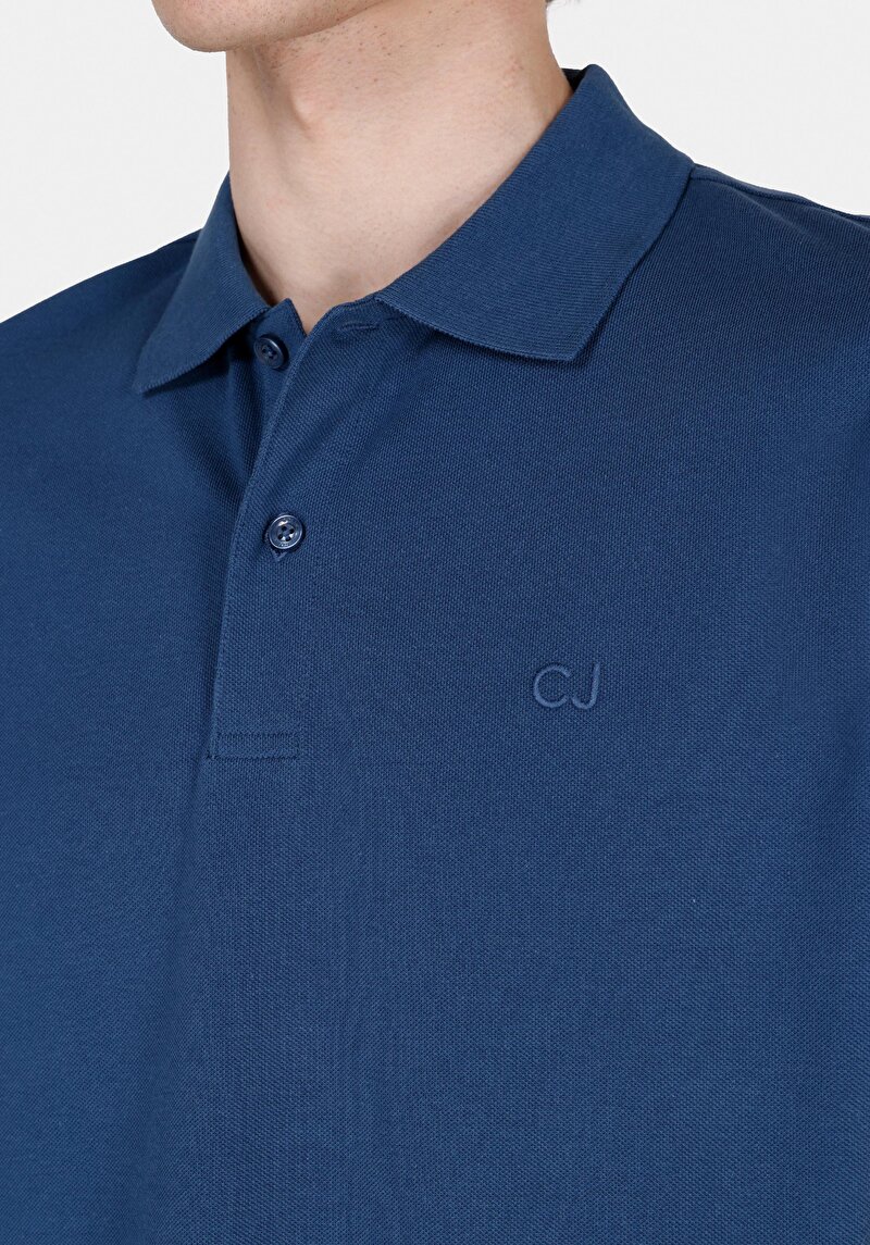 Regular Fit Polo Yaka Düz Erkek Mavi Pamuklu Kısa Kol Tişört