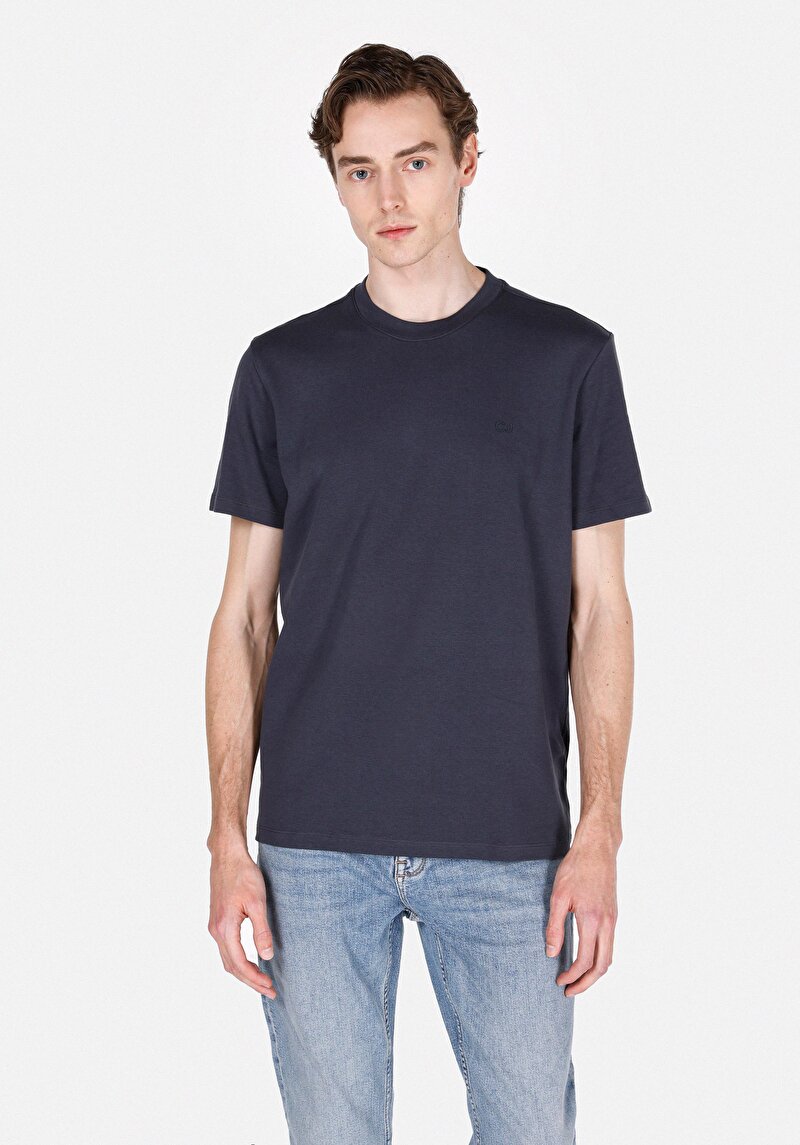 Regular Fit Pamuklu Yuvarlak Yaka Düz Erkek Lacivert Kısa Kol Tişört