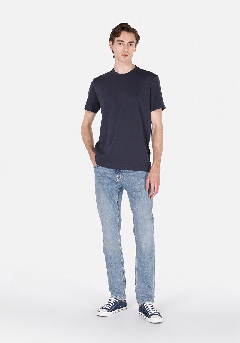 Regular Fit Pamuklu Yuvarlak Yaka Düz Erkek Lacivert Kısa Kol Tişört