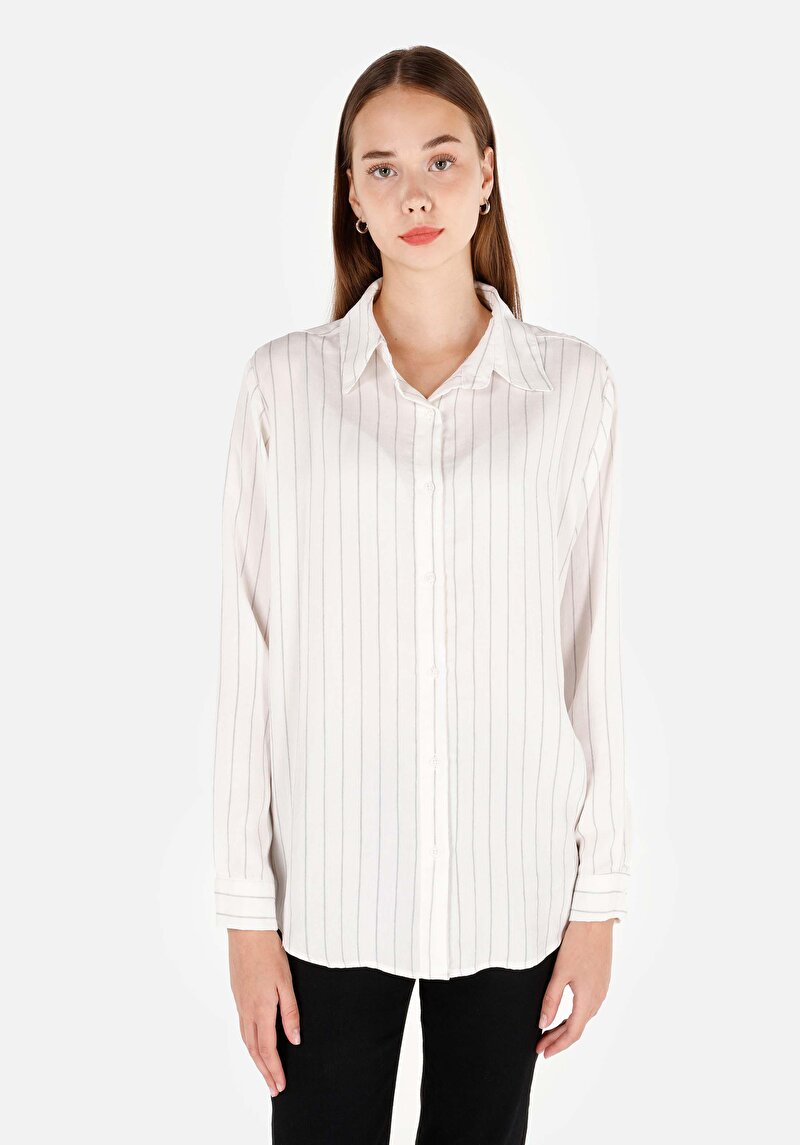 Regular Fit Shirt Neck Çizgili Kadın Beyaz Uzun Kol Gömlek