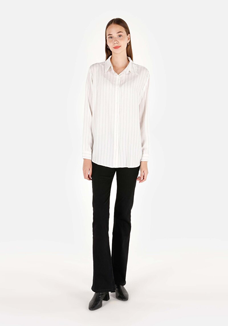 Regular Fit Shirt Neck Çizgili Kadın Beyaz Uzun Kol Gömlek