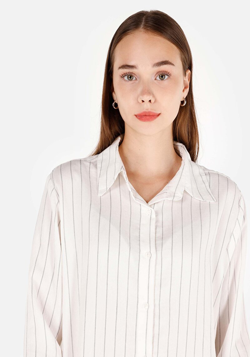 Regular Fit Shirt Neck Çizgili Kadın Beyaz Uzun Kol Gömlek