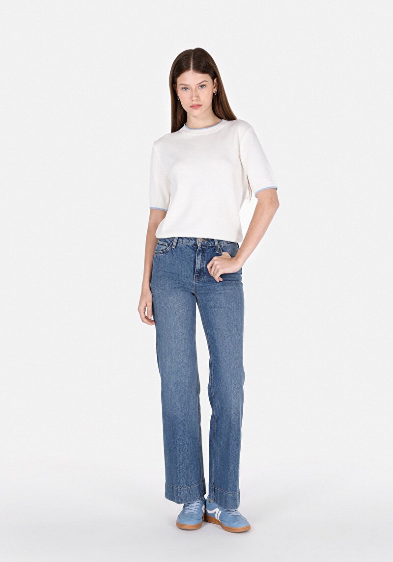 Regular Fit Yüksel Bel Geniş Paça Kadın İndigo Jean Pantolon