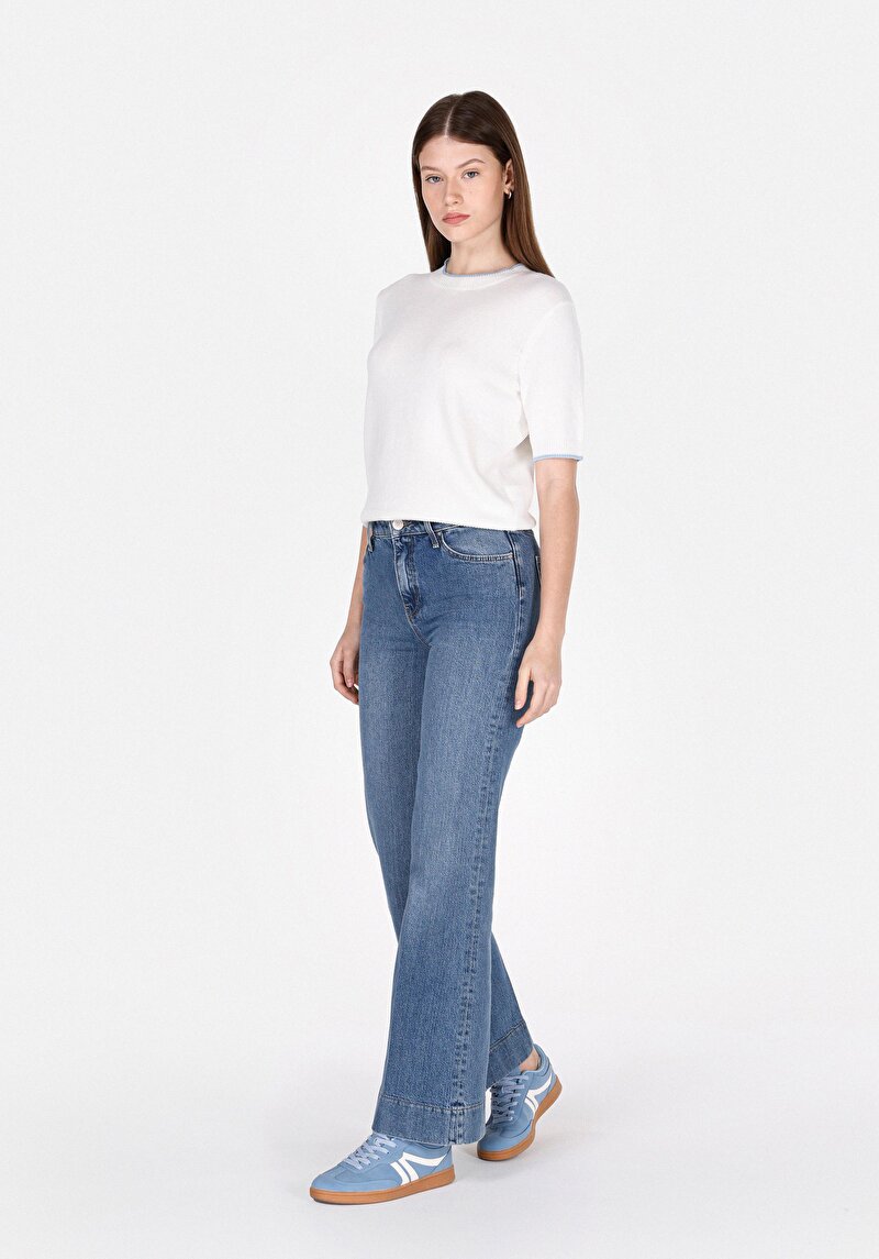 Regular Fit Yüksel Bel Geniş Paça Kadın İndigo Jean Pantolon
