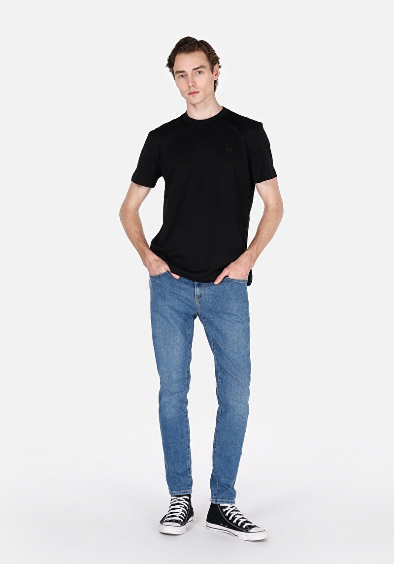 Slim Fit Fermuarlı Erkek Mid İndigo Denim Jean Pantolon
