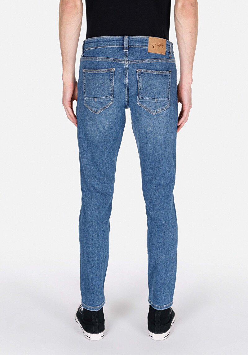 Slim Fit Fermuarlı Erkek Mid İndigo Denim Jean Pantolon