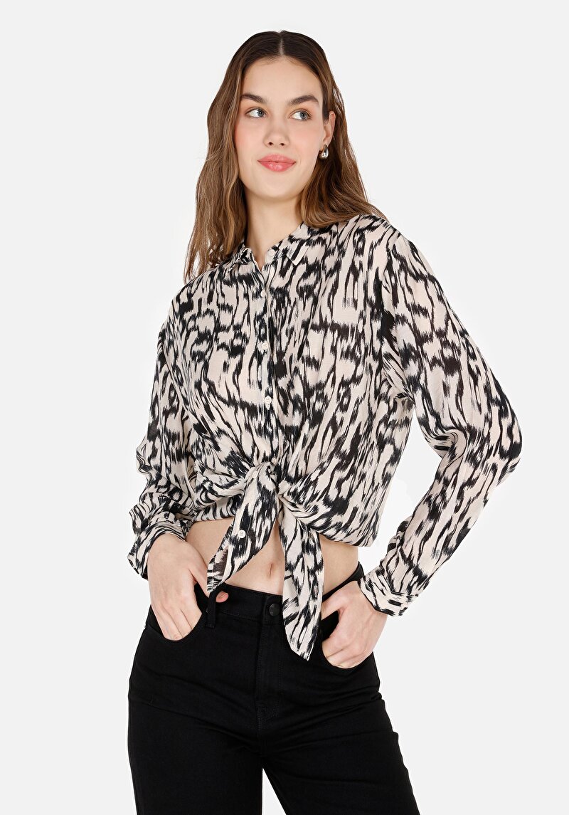 Regular Fit Shirt Neck Kadın Bej Uzun Kol Gömlek