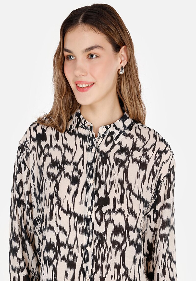 Regular Fit Shirt Neck Kadın Bej Uzun Kol Gömlek