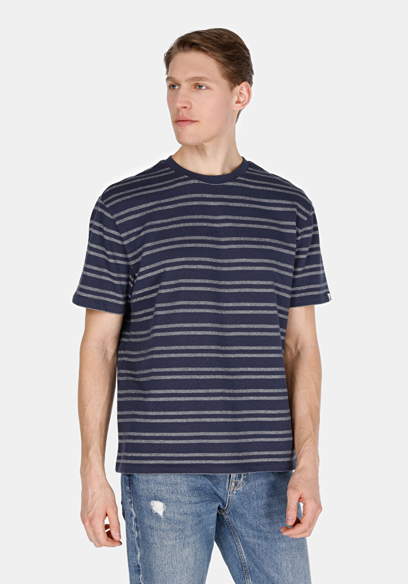 Comfort Fit Yuvarlak Yaka Çizgili Erkek Lacivert Pamuk Kısa Kol Tişört