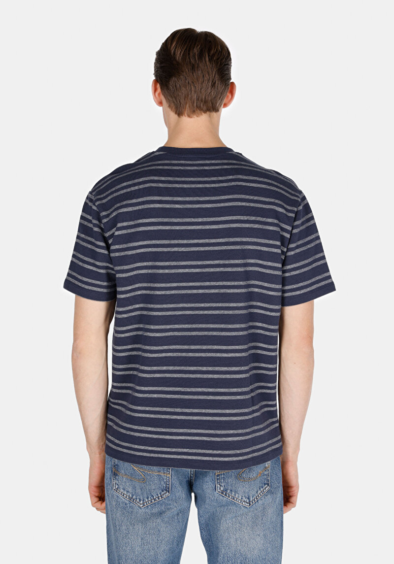 Comfort Fit Yuvarlak Yaka Çizgili Erkek Lacivert Pamuk Kısa Kol Tişört