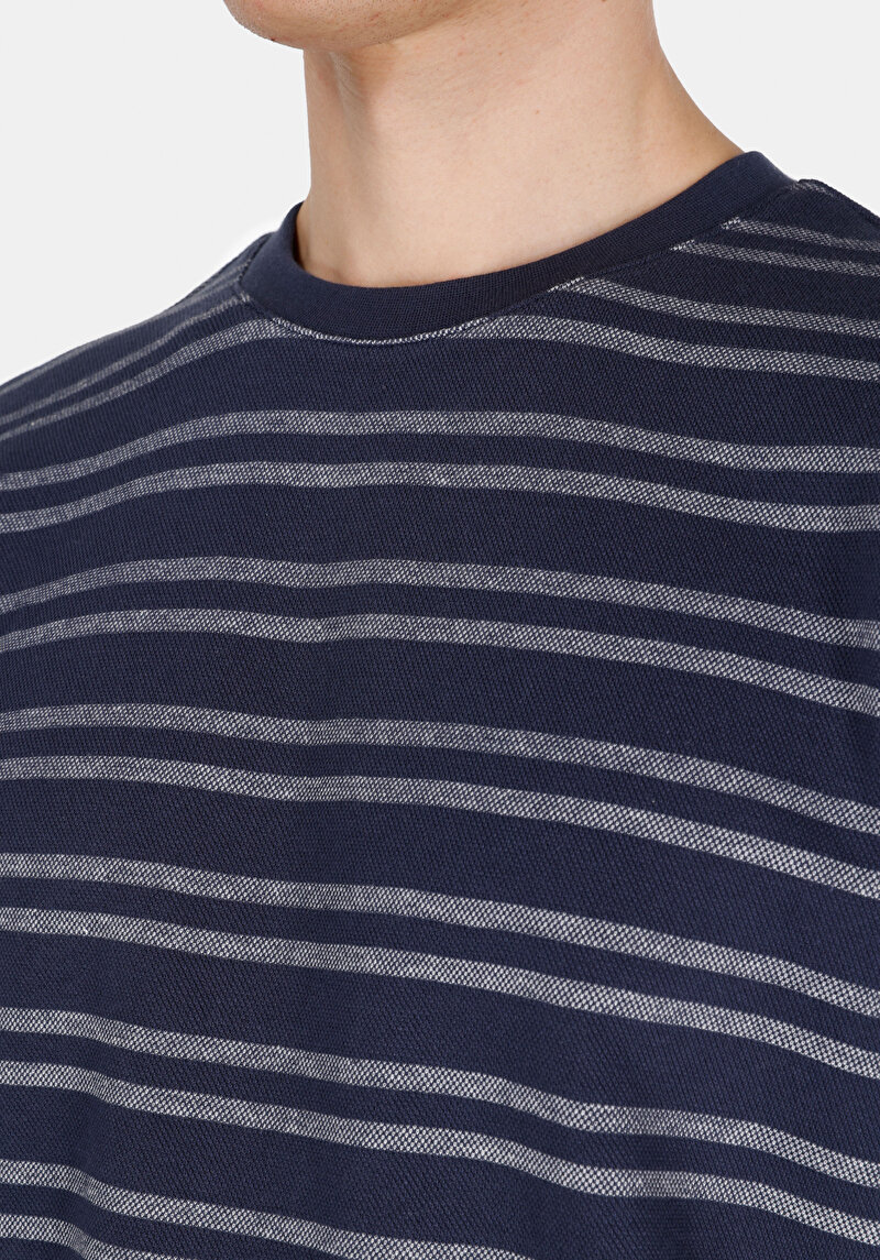 Comfort Fit Yuvarlak Yaka Çizgili Erkek Lacivert Pamuk Kısa Kol Tişört