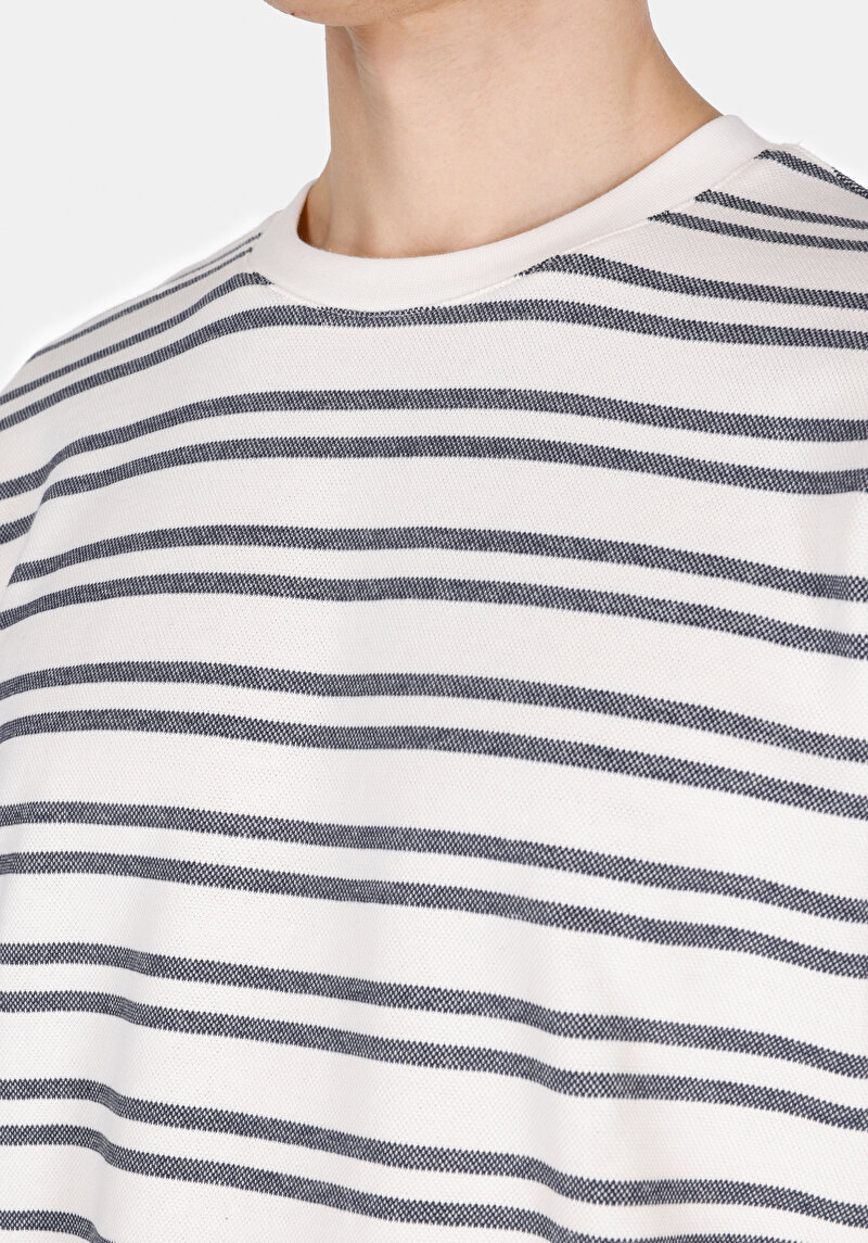 Comfort Fit Yuvarlak Yaka Çizgili Erkek Beyaz Kısa Kol Tişört