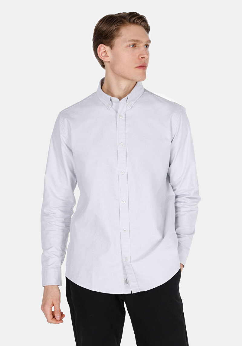 Regular Fit Shirt Neck Pamuklu Düz Erkek Taş Uzun Kol Gömlek