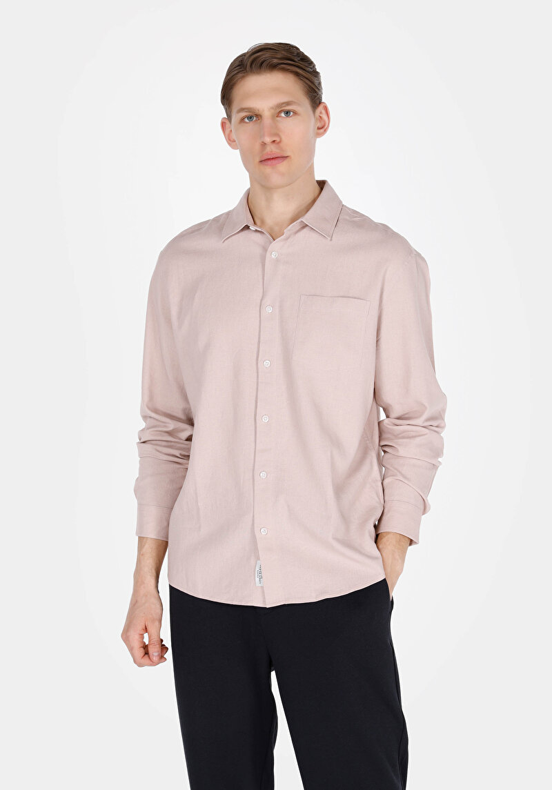 Relaxed Fit Shirt Neck Düz Erkek Keten Karışımlı Pembe Uzun Kol Gömlek