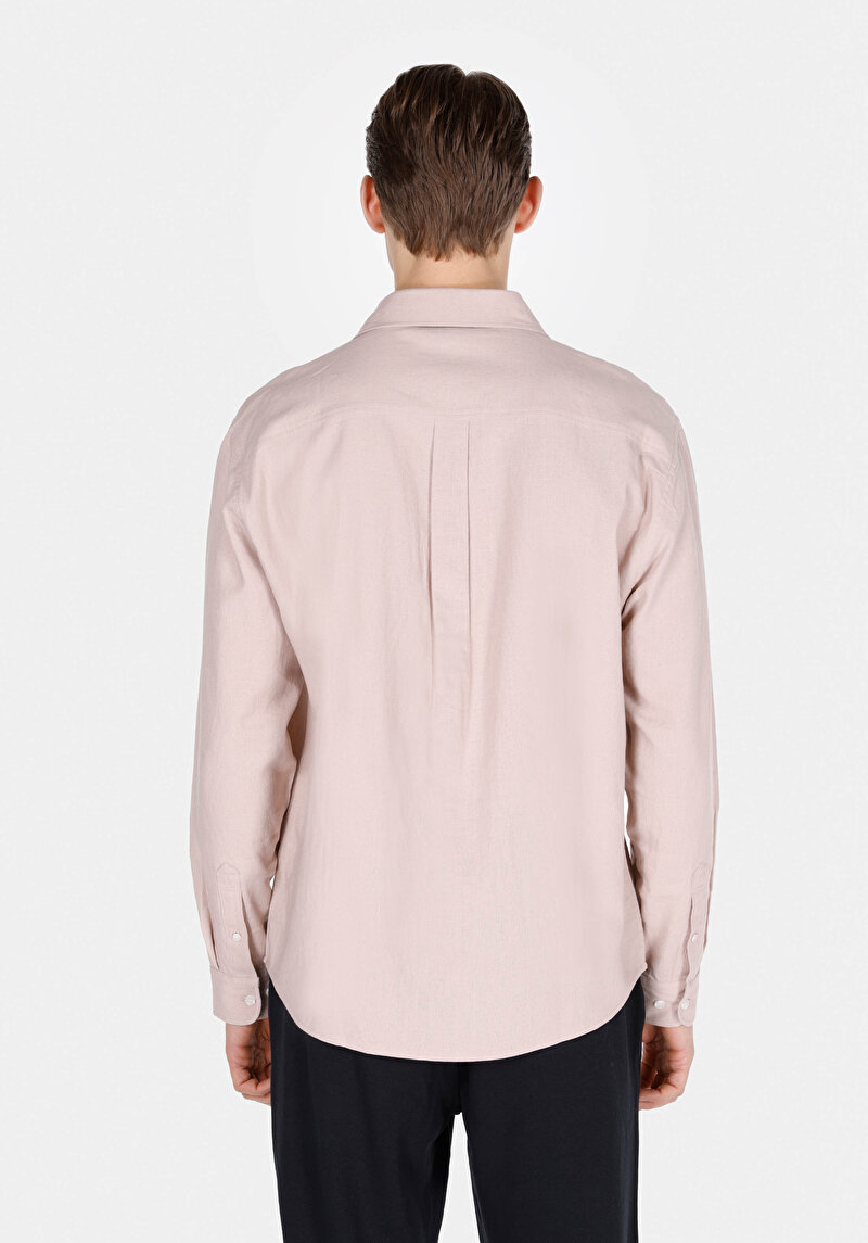 Relaxed Fit Shirt Neck Düz Erkek Keten Karışımlı Pembe Uzun Kol Gömlek