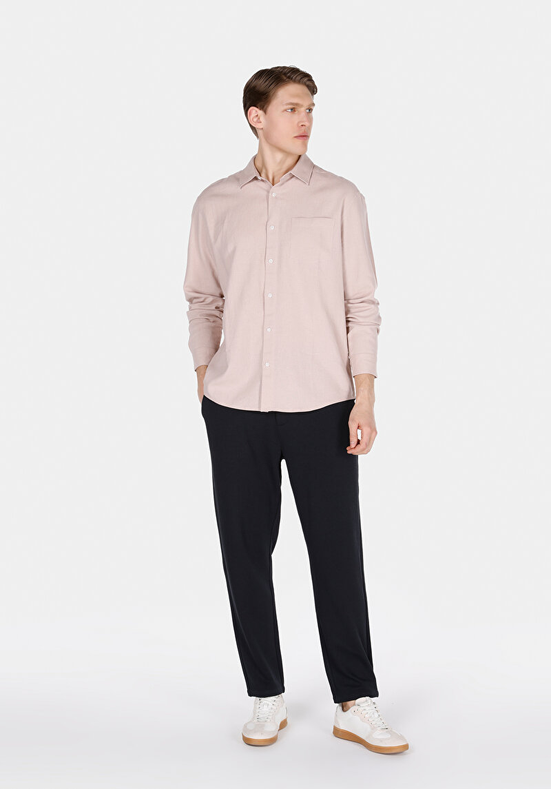Relaxed Fit Shirt Neck Düz Erkek Keten Karışımlı Pembe Uzun Kol Gömlek