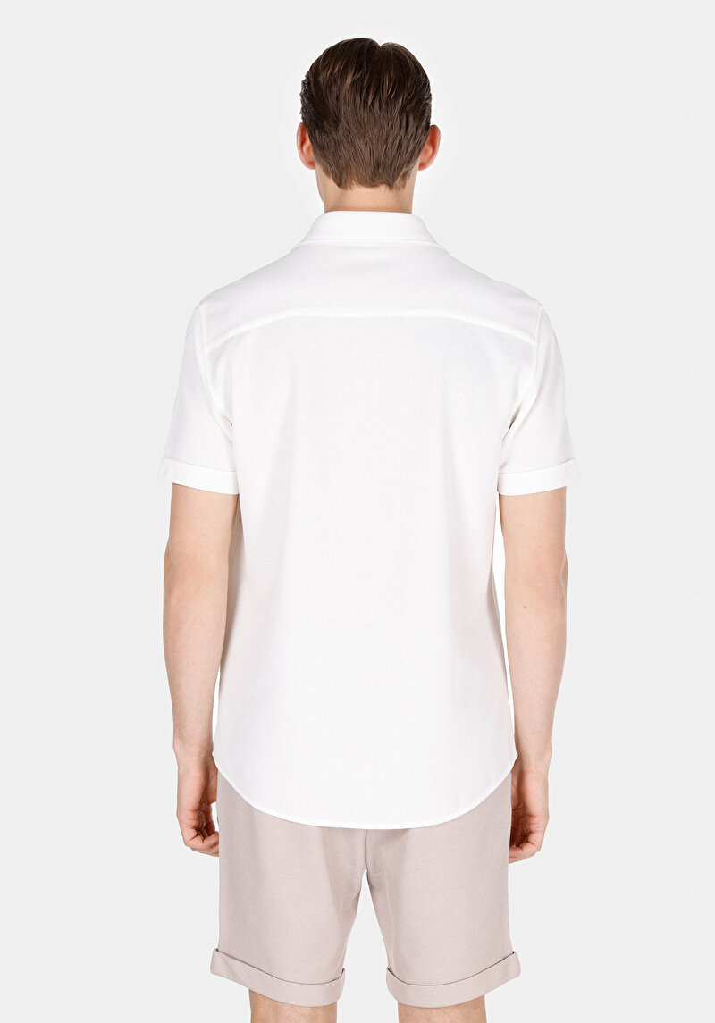 Regular Fit Shirt Neck Jakarlı Erkek Beyaz Kısa Kol Gömlek