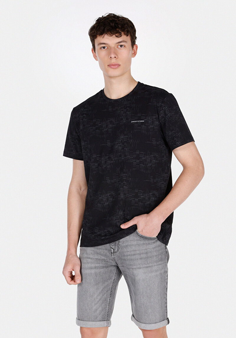Regular Fit Yuvarlak Yaka Desenli Erkek Siyah Kısa Kol Tişört
