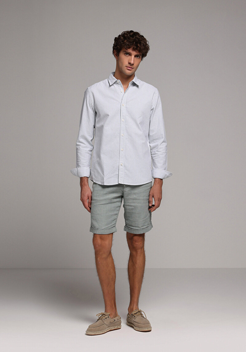 Regular Fit Orta Bel Keten Düz Erkek Yeşil Şort