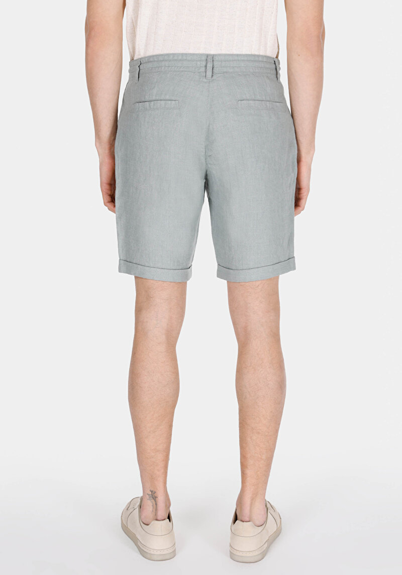 Regular Fit Orta Bel Keten Düz Erkek Yeşil Şort