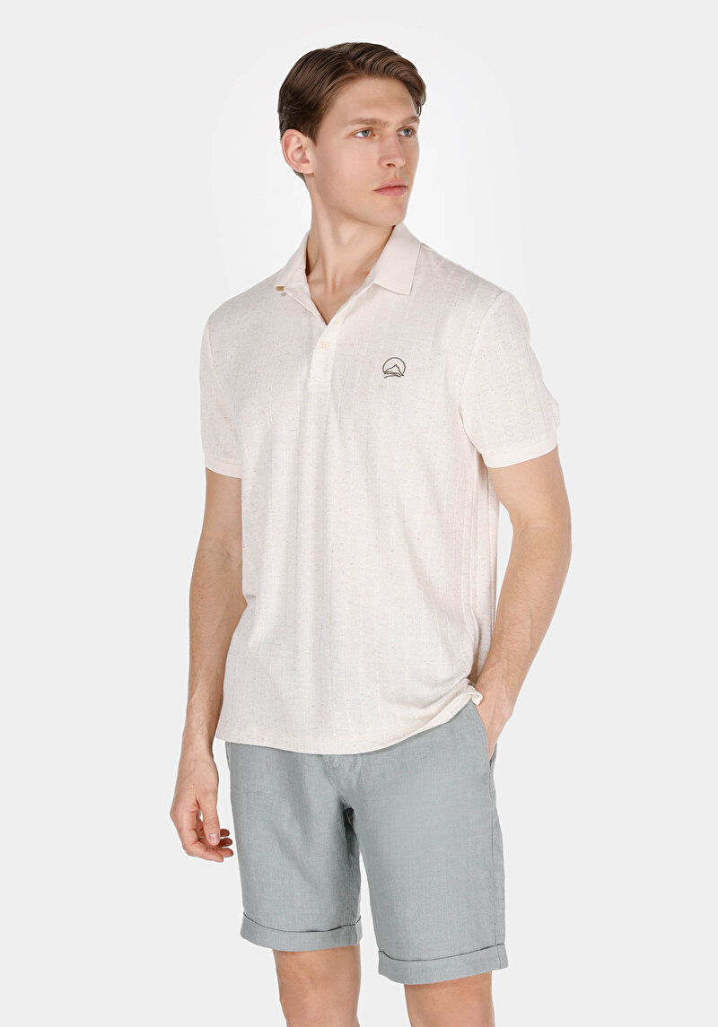 Regular Fit Polo Yaka Düz Örme Cepsiz Erkek Bej Kısa Kol Tişört