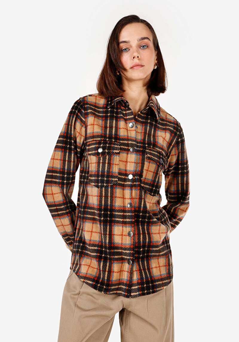 Regular Fit Cepli Shirt Neck Kadın Çok Renkli Uzun Kol Gömlek