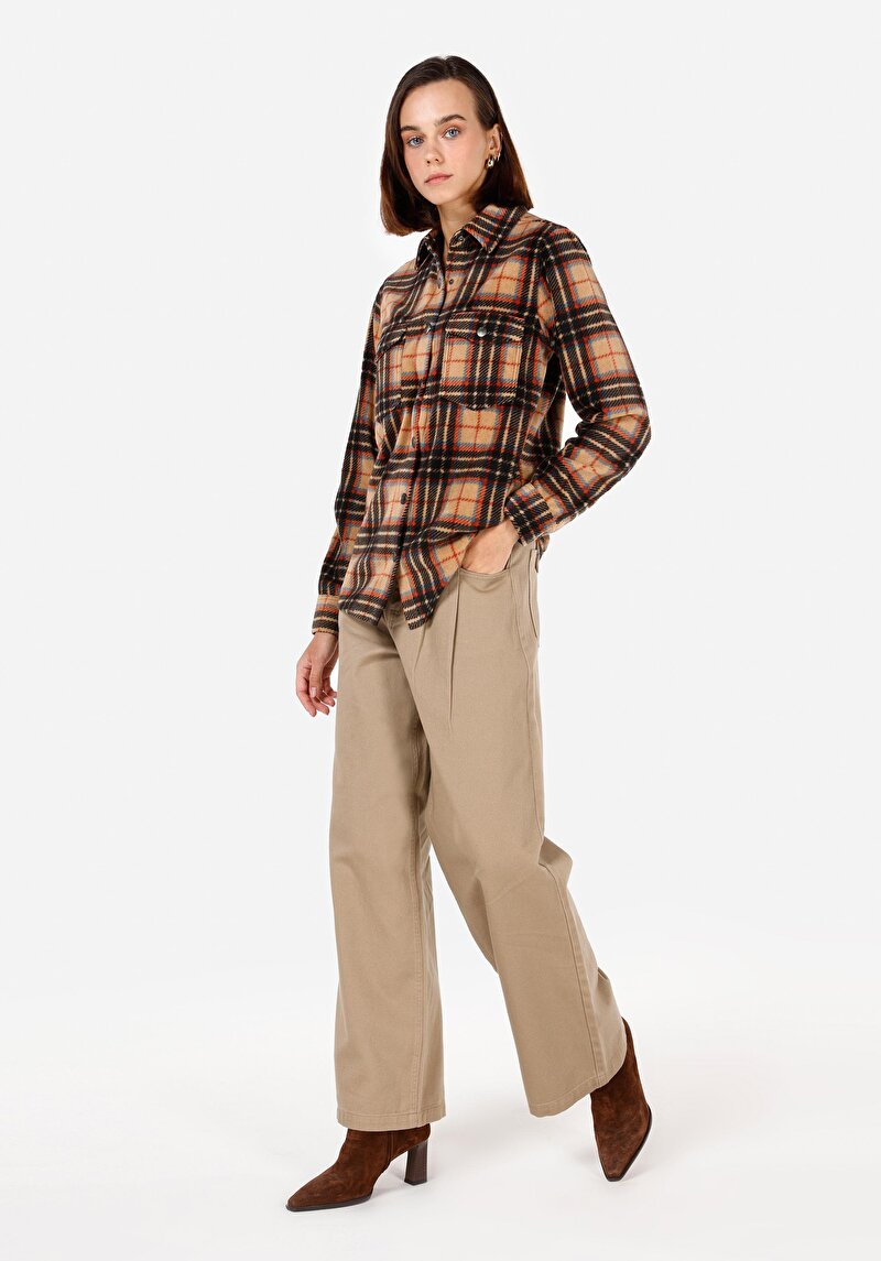 Regular Fit Cepli Shirt Neck Kadın Çok Renkli Uzun Kol Gömlek