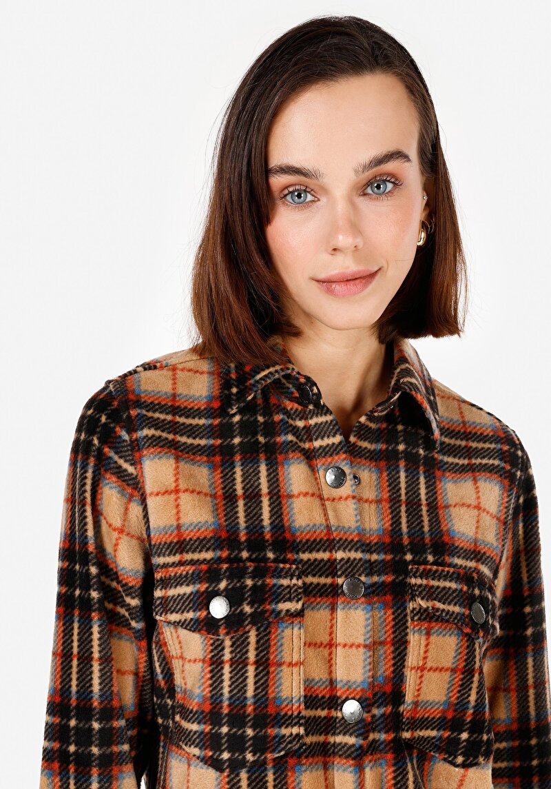 Regular Fit Cepli Shirt Neck Kadın Çok Renkli Uzun Kol Gömlek