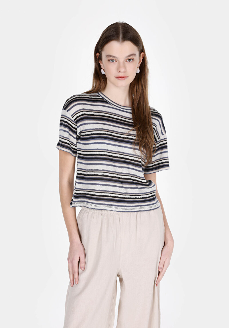 Regular Fit Yuvarlak Yaka Çizgili Kadın Çok Renkli Kısa Kol Tişört