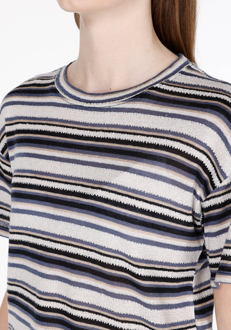 Regular Fit Yuvarlak Yaka Çizgili Kadın Çok Renkli Kısa Kol Tişört