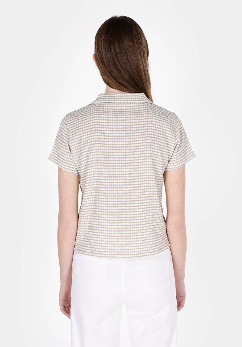 Slim Fit Polo Yaka Kareli Kadın Yeşil Kısa Kol Örme Tişört