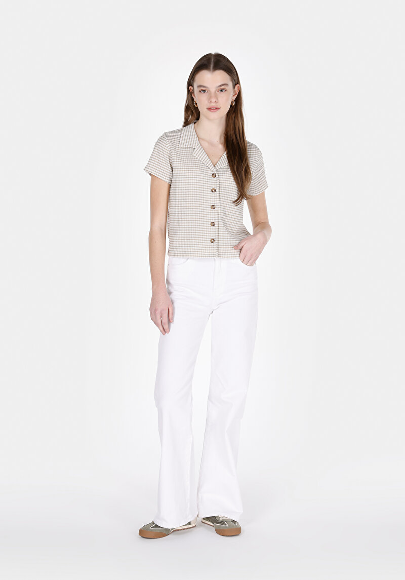 Slim Fit Polo Yaka Kareli Kadın Yeşil Kısa Kol Örme Tişört