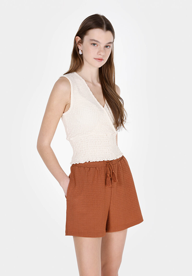 Slim Fit Kısa Kol Kadın Ekru Atlet