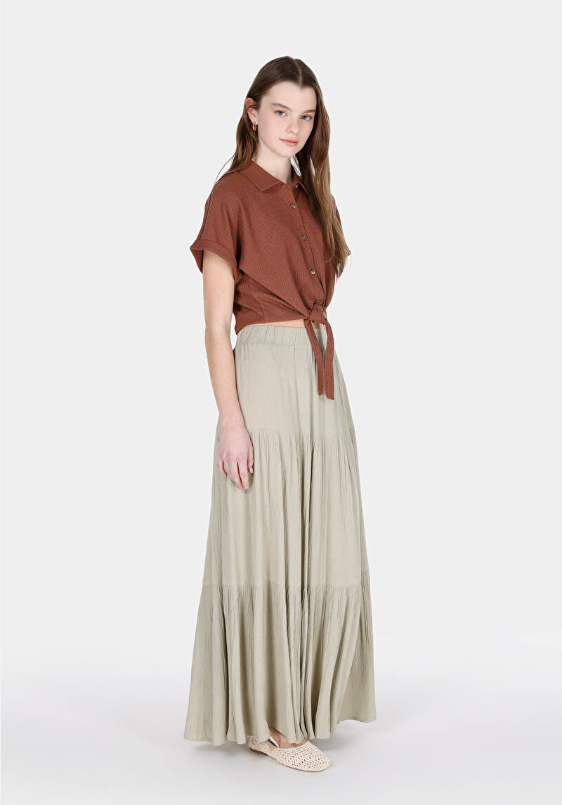 Regular Fit Shirt Neck Jakarlı Kadın Kahverengi Kısa Kol Gömlek