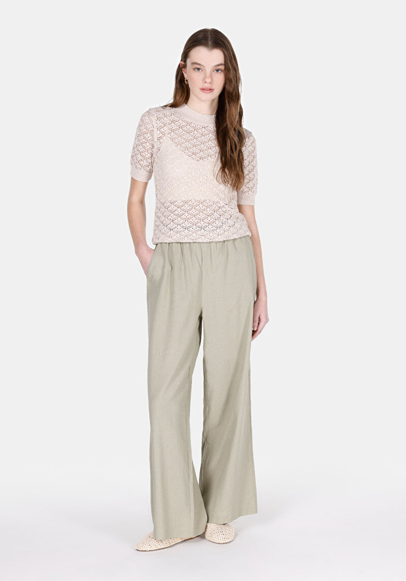 Regular Fit Yüksel Bel Geniş Paça Kadın Yeşil Pantolon