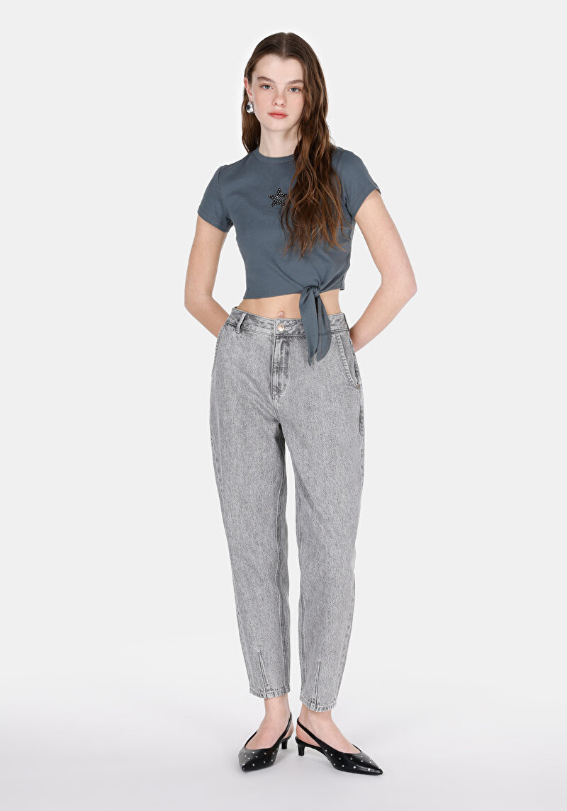 Barrel Fit Orta Bel Daralan Paça Kadın Koyu İndigo Jean Pantolon