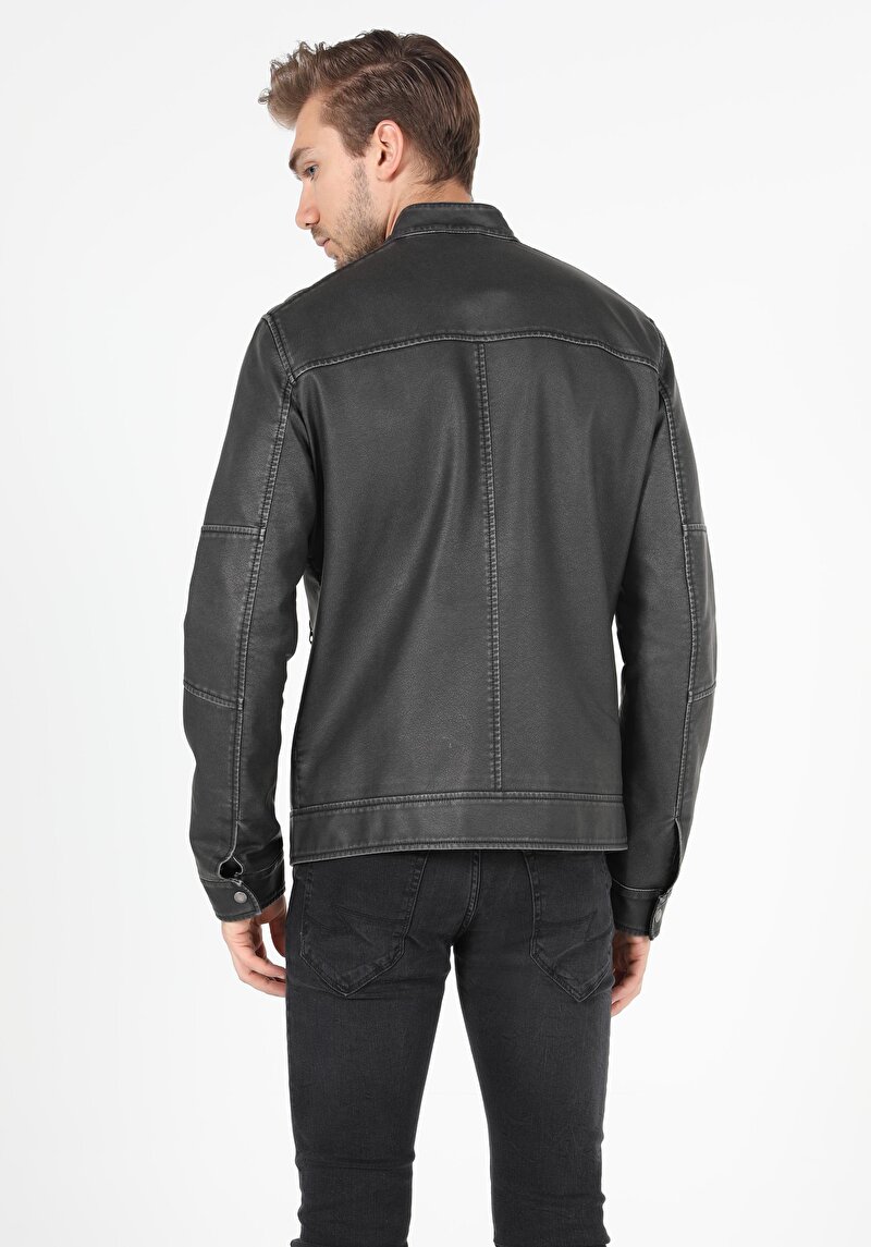 Slim Fit Erkek Siyah Suni Deri Mont Pu