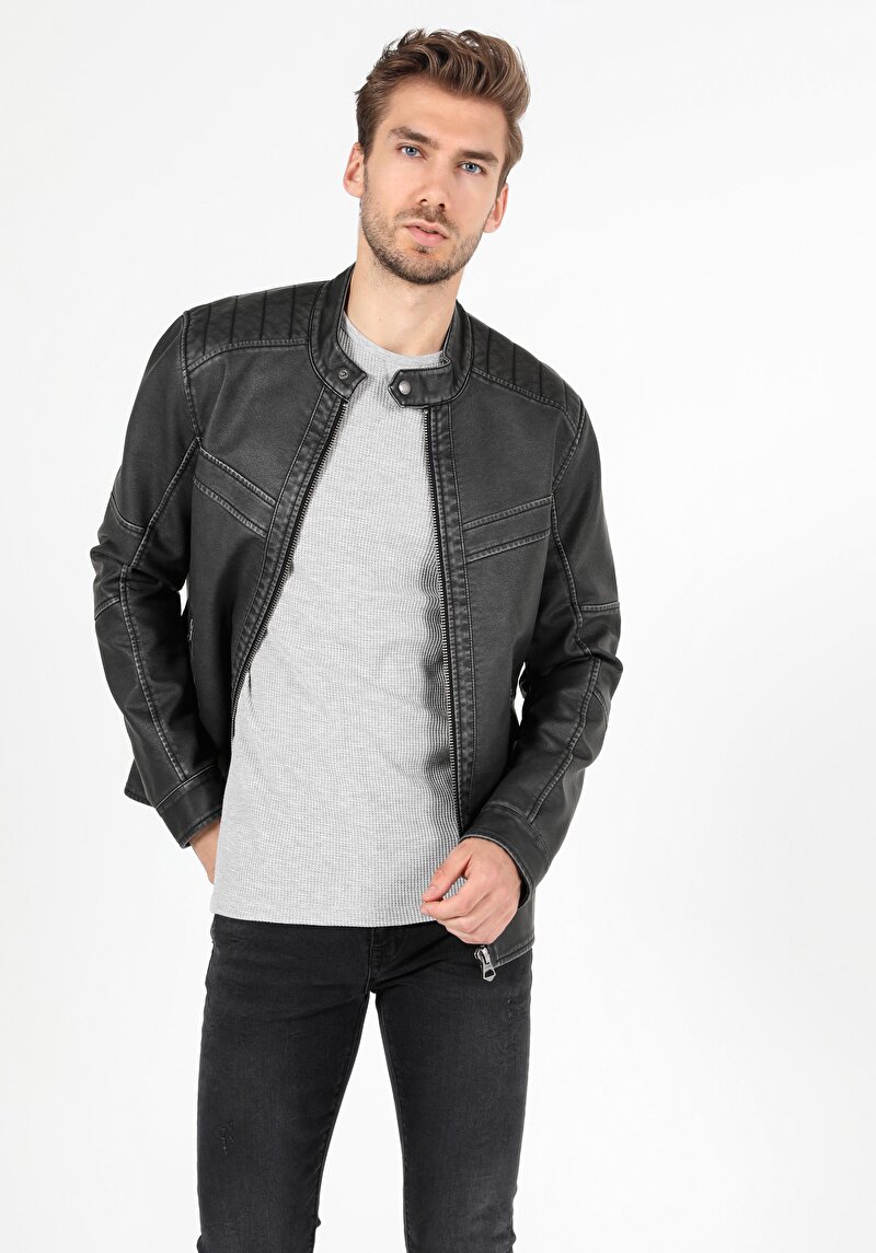Slim Fit Erkek Siyah Suni Deri Mont Pu