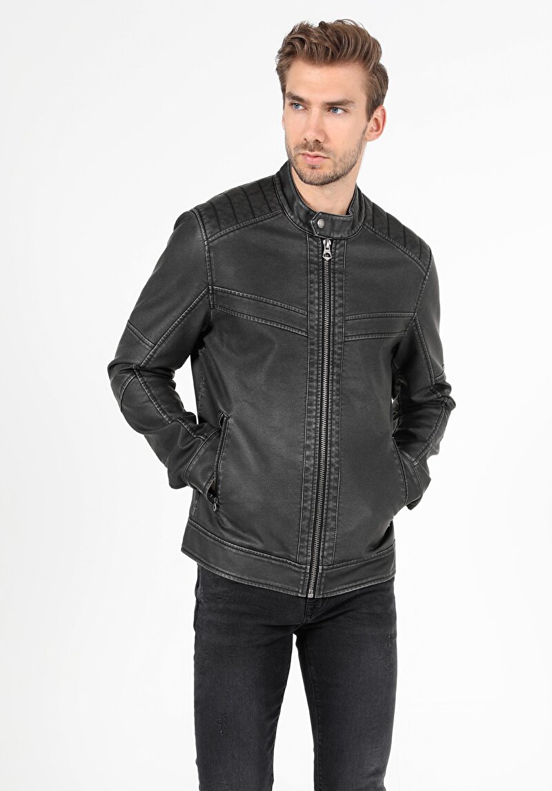 Slim Fit Erkek Siyah Suni Deri Mont Pu