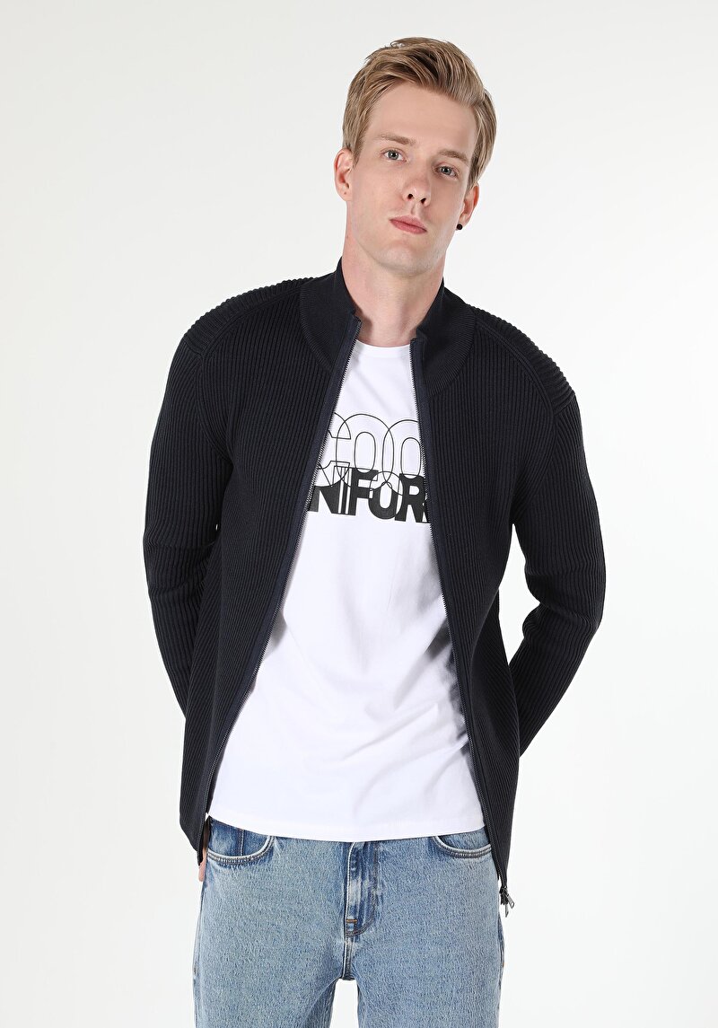 Slim Fit Erkek Lacivert Fermuarlı Hırka